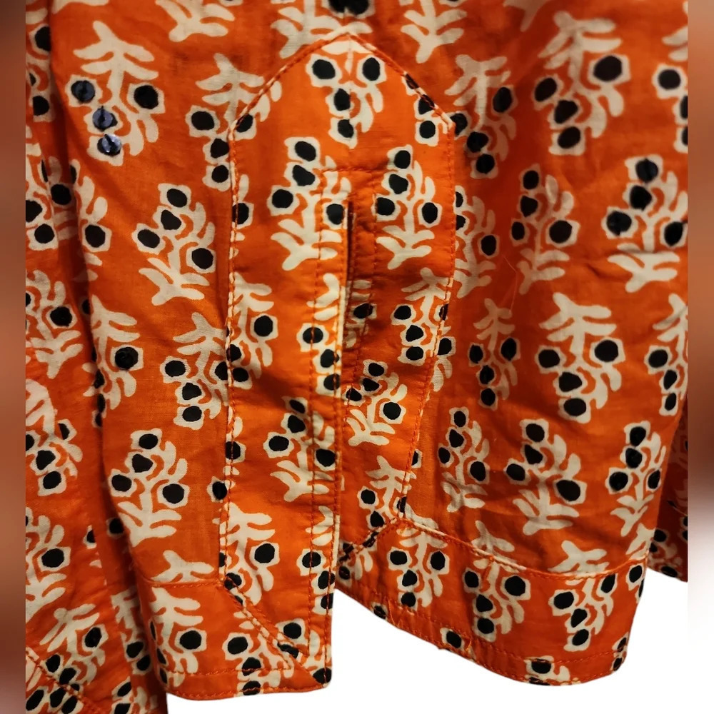TORY BURCH Orange Navy & White Floral Printed Sequin Lightweight Tunic Top Sz 6 - Picture 5 of 7